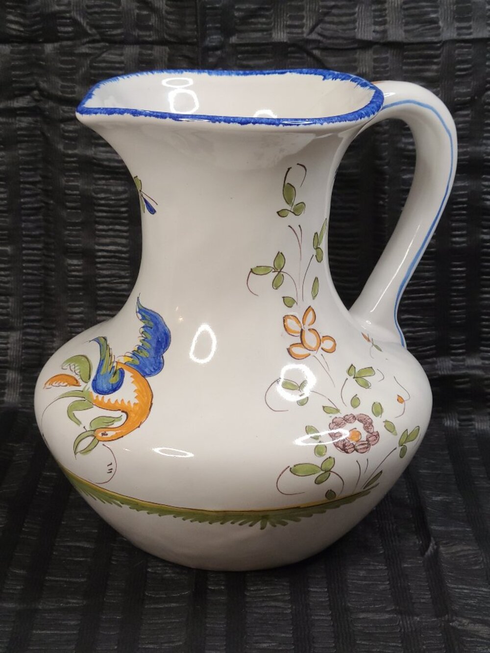 Vintage Royal Moustiers France Faience Bird Floral Motif Pitcher 8"H